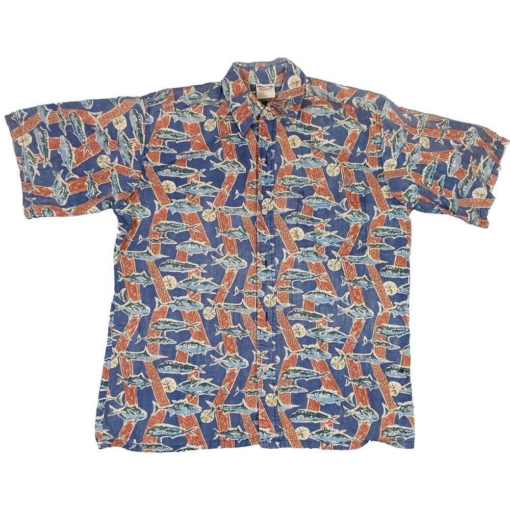 Go Barefoot Men's L Hawaiian Button-Up Shirt Vintage Fish Print made in USA
